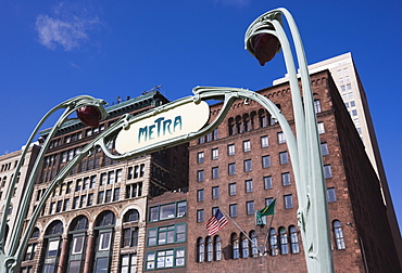 Metra rail system, station sign in the style of the Paris Metro, Chicago, Illinois, United States of America, North America