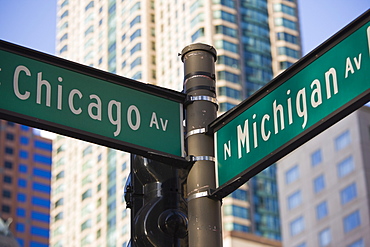 North Michigan Avenue and Chicago Avenue signpost, The Magnificent Mile, Chicago, Illinois, United States of America, North America