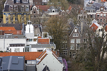 High angle view of Amsterdam, the grey house at the bottom with the single window is the Anne Frank House, Amsterdam, Netherlands, Europe