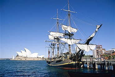 Replica of H.M.S. Bounty and Sydney Opera House, Sydney, New South Wales (N.S.W.), Australia, Pacific