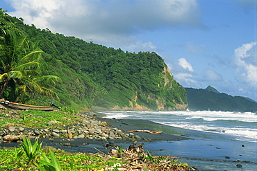 Rugged coastline with black laval sand beach, Dominica, Windward Islands, West Indies, Caribbean, Central America