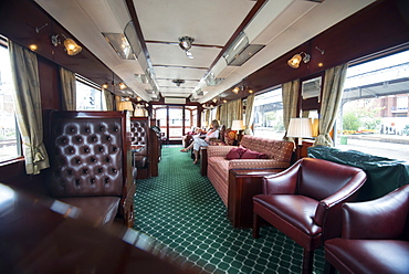 Observation car at the rear of the Rovos Rail luxury train seen from the bar, Northern Cape, South Africa, Africa