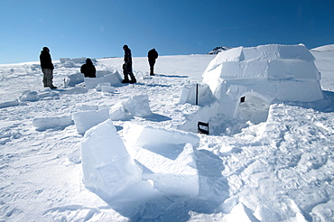 Inuit cutting snow blocks using a saw and a knife to make an igloo, Nunavut, Canada, North America