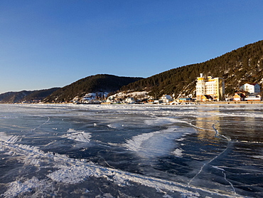 One metre thick ice on the surface of frozen Lake Baikal, Village of Listvyanka near Irkutsk, Siberia, Russia, Eurasia