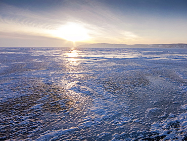 One metre thick ice on the surface of frozen Lake Baikal, Village of Listvyanka near Irkutsk, Siberia, Russia, Eurasia