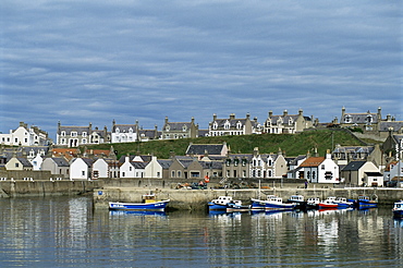 Fishing boats with creels at anchor in harbour at Findochty, Grampian, Scotland, United Kingdom, Europe