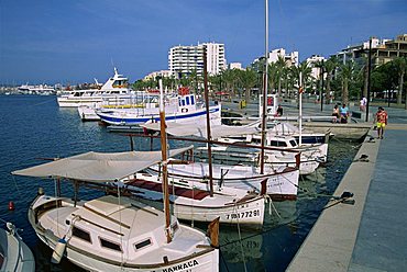 Moored boats in marina, San Antonio, Ibiza, Balearic Islands, Spain, Mediterranean, Europe