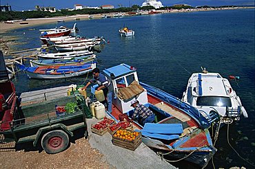 Boxes of tomatoes and oranges on quay as supply boat being unloaded in Scala, Agistri, Saronic Islands, Greek Islands, Greece, Europe