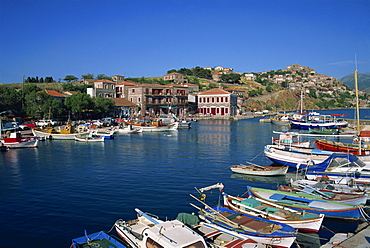 Boats moored in harbour at Molyvos, on Lesbos, North Aegean Islands, Greek Islands, Greece, Europe