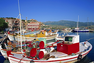 Fishing boats moored in harbour at Molyvos, Lesbos, North Aegean Islands, Greek Islands, Greece, Europe