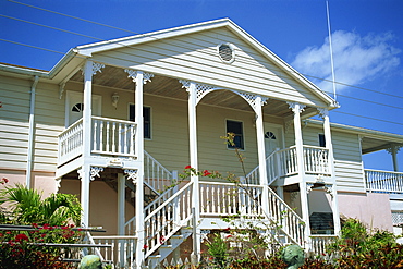 Wooden staircase to apartments, New Plymouth, Green Turtle Cay, Bahamas, West Indies, Central America