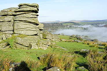 Combs Tor and morning fog, in the area where the film War Horse was filmed, Dartmoor National Park, England, United Kingdom, Europe