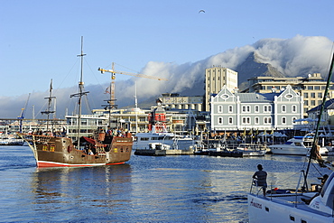 Replica pirate ship, Waterfront harbour, Table Mountain in background, Cape Town, South Africa, Africa