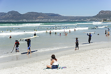 Beach, sea and mountains, Muizenberg, Cape Province, South Africa, Africa