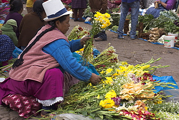 Flower seller at San Pedro market, Cuzco, Peru, South America