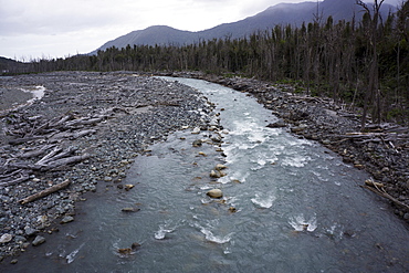 River in the Andes, destruction caused by earthquake, Patagonia, Chile, South America