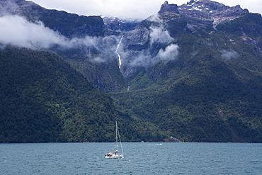 Sea and boats between islands, Patagonia, Chile, South America