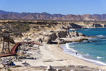 Beach and whale watch tower, Cabo Pulmo, UNESCO World Heritage Site, Baja California, Mexico, North America