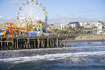 Sea, pier and ferris wheel, Santa Monica, California, United States of America, North America