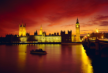 The River Thames and Houses of Parliament at night, London, England, UK