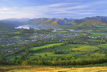 Keswick and Derwentwater from Latrigg Fell, Lake District National Park, Cumbria, England, UK, Europe