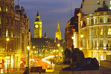 Evening view from Trafalgar Square down Whitehall with Big Ben in the background, London, England, UK