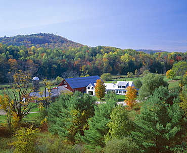 View over farm buildings and landscape, Vermont, New England, United States of America (USA), North America