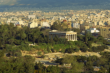 Temple of Hephaistos and the Agora, with city of Athens in the background, Greece, Europe