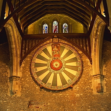 King Arthur's Round Table mounted on wall of Castle Hall, Winchester, England, United Kingdom, Europe