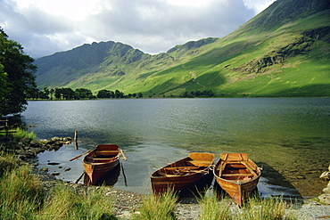 Boats on the lake, Buttermere, Lake District National Park, Cumbria, England, UK