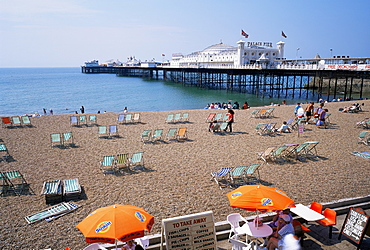 The Palace Pier and beach, Brighton, Sussex, England, United Kingdom, Europe