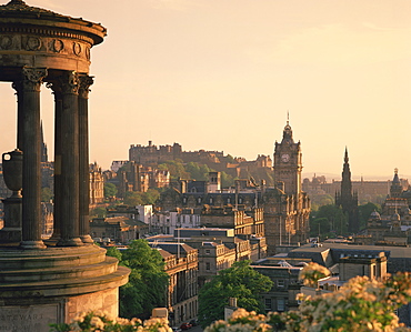 The Dugald Stewart Monument and view over Princes Street including the Waverley Hotel clock tower, Edinburgh, Lothian, Scotland, United Kingdom, Europe