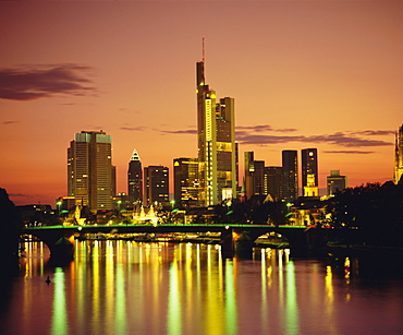 City skyline at sunset, Frankfurt-am-Main, Hessen, Germany, Europe