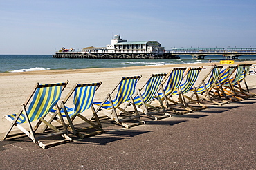 Bournemouth East Beach, deck chairs and pier, Dorset, England, United Kingdom, Europe