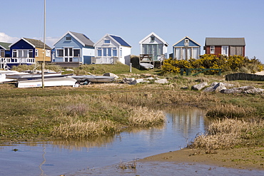 Beach huts on Mudeford Spit or Sandbank, Christchurch Harbour, Dorset, England, United Kingdom, Europe