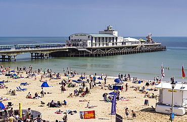 West Beach and Pier with calm sea, Bournemouth, Dorset, England, United Kingdom, Europe