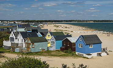 Beach Huts, Mudeford Spit, Christchurch Harbour, Christchurch Bay, Dorset, England, United Kingdom, Europe