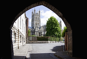 Gloucester Cathedral from the northwest, seen from St. Marys Gate, Gloucester, Gloucestershire, England, United Kingdom, Europe