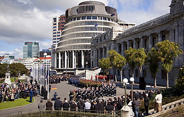 Beehive and Parliament at swearing-in ceremony of new Governor-General, Wellington, North Island, New Zealand, Pacific