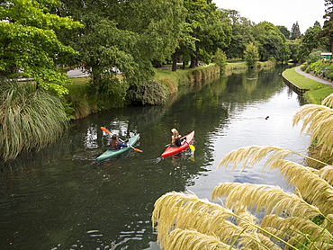 Two girls canoeing on the Avon River, Christchurch, Canterbury, South Island, New Zealand, Pacific