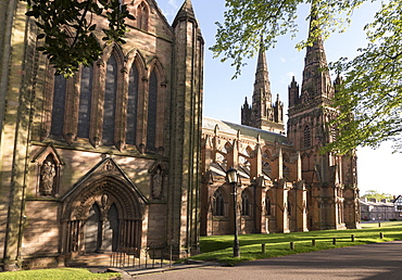 Lichfield Cathedral, West spires and North Front, Lichfield, Staffordshire, England, United Kingdom, Europe