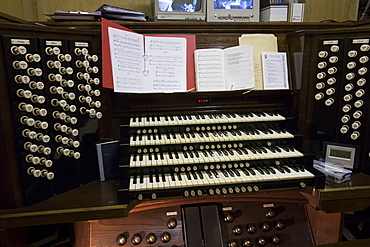 The organ console, Bangor Cathedral, Wales, United Kingdom, Europe