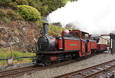 Steam engine Dafydd Lloyd George at Tan-y-Bwlch Station on the Ffestiniog Railway, Wales, United Kingdom, Europe