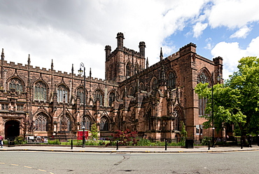 Chester Cathedral, tower and South transept from Southwest, Chester, Cheshire, England, United Kingdom, Europe