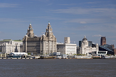 The Royal Liver Building, Port of Liverpool Building, Museum of Liverpool and tower of Anglican Cathedral from the River Mersey, Liverpool, Merseyside, England, United Kingdom, Europe