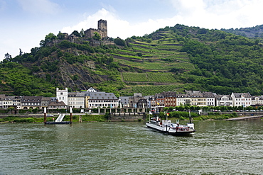 Kaub and Gutenfels Castle with car ferry, River Rhine, Germany, Europe