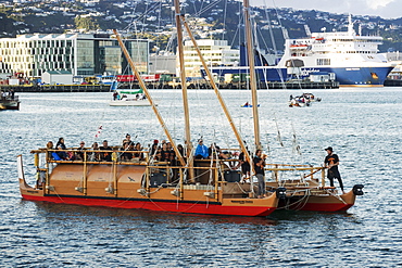 Twin hulled waka at 2018 Waka Odyssey at Wellington waterfront, New Zealand, Oceania