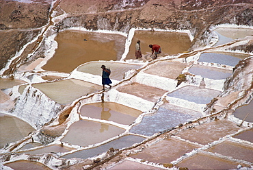 Workers in the salt pans on terraces at Salinas, Cuzco, Peru, South America