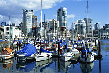 Boats in the marina at False Creek, and the city skyline of Vancouver behind, British Columbia, Canada, North America