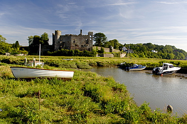 The castle and estuary at Laugharne, Carmarthenshire, Wales, United Kingdom, Europe